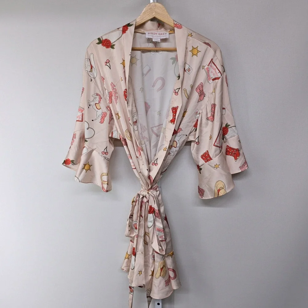 Birdy Grey Womens XS S Pink Western Rodeo Print Satin‎ Robe Cowgirl Bachelorette